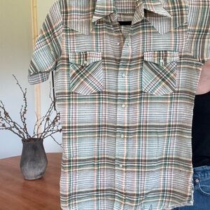 Vintage Pearl Snap Green and Orange Button Down Shirt with Plaid Design